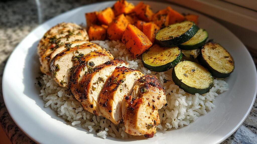 chicken rice and roasted vegetables