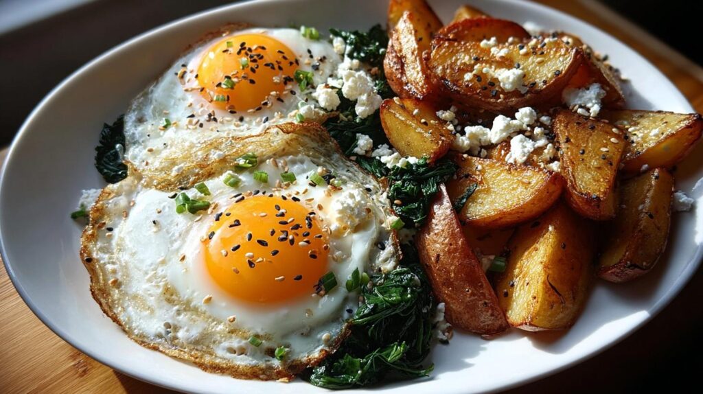fried eggs with crispy potatoes