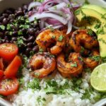 shrimp burrito bowl shrimp and rice recipe black bean shrimp bowl easy high protein dinner avocado shrimp bowl