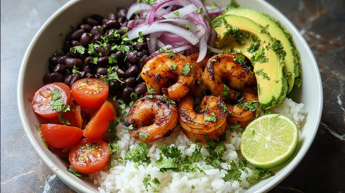 shrimp burrito bowl shrimp and rice recipe black bean shrimp bowl easy high protein dinner avocado shrimp bowl