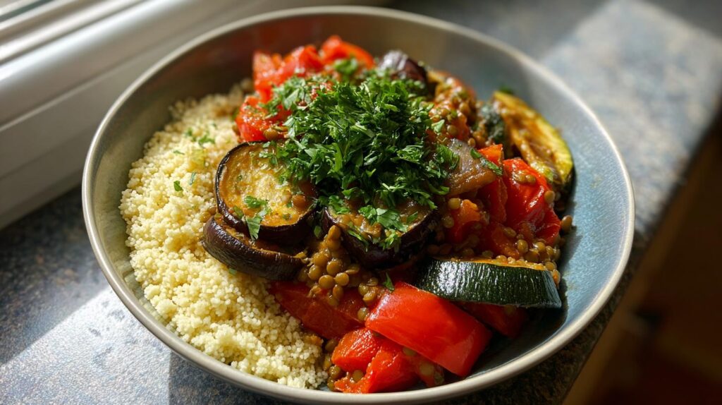Mediterranean lentil couscous bowl