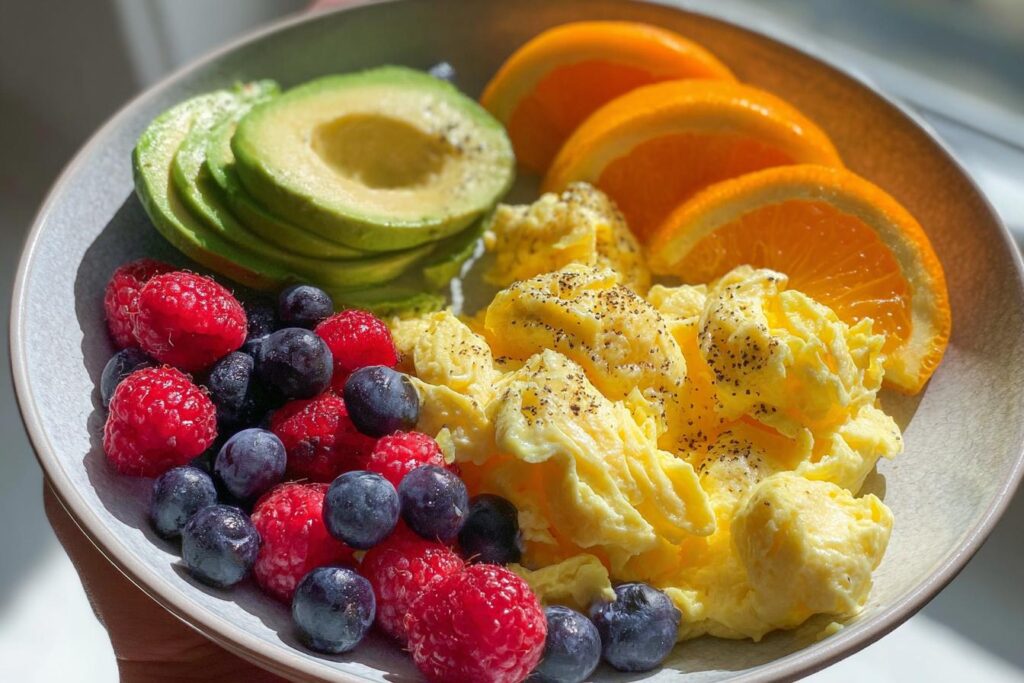 Healthy scrambled egg breakfast plate