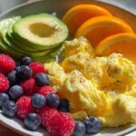 Healthy scrambled egg breakfast plate