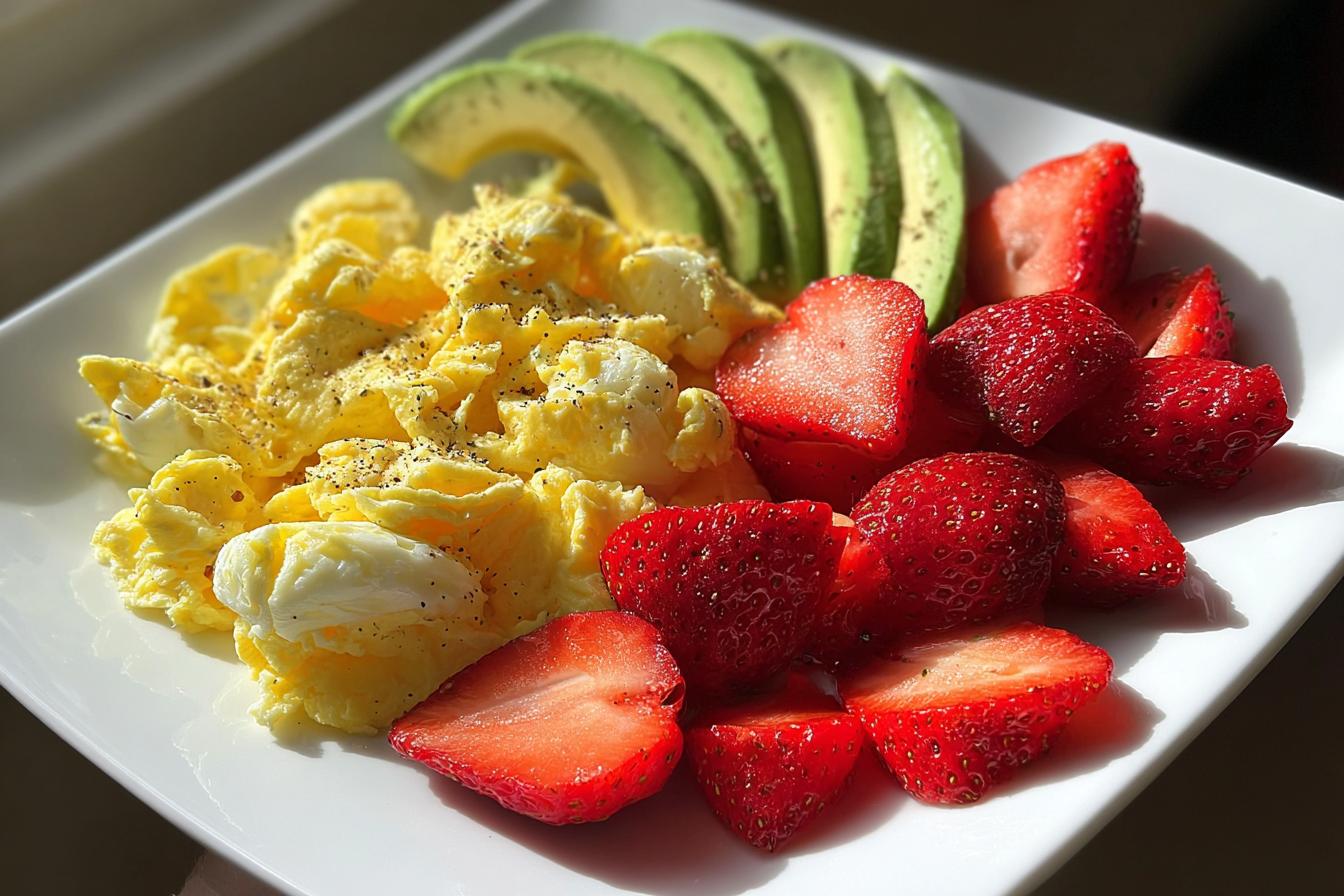 Scrambled eggs with avocado and strawberries